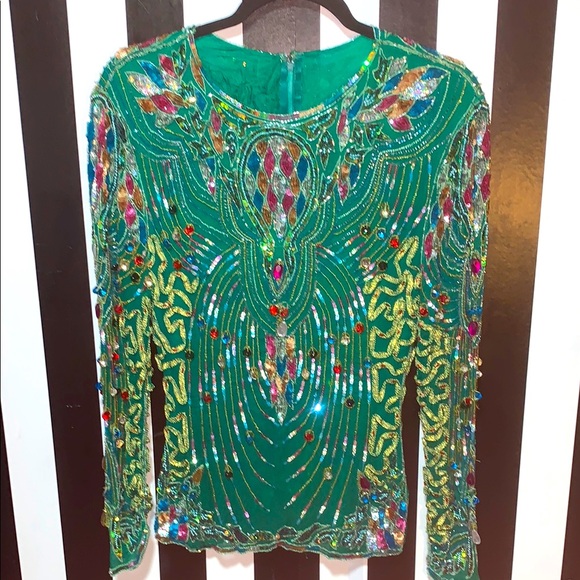 Vintage Tops - 1980s Vintage Fully Embellished Sequin/Silk Emerald Green Long Sleeve Top Small